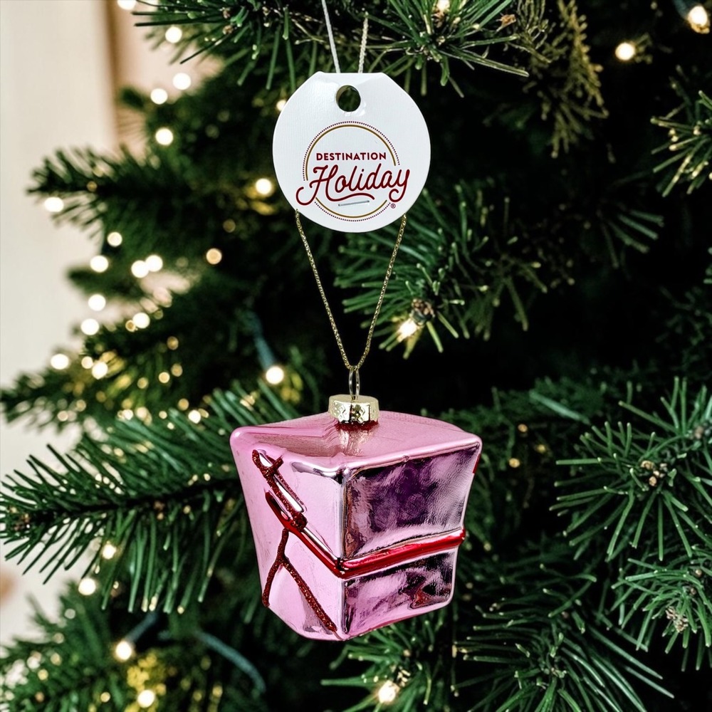 Chinese Takeout Box Glass Christmas Ornament Destination Holiday Pink Metallic